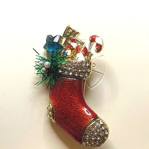 NWT Napier Christmas Stocking Brooch Red Enamel Rhinestones Holiday‎ Pin